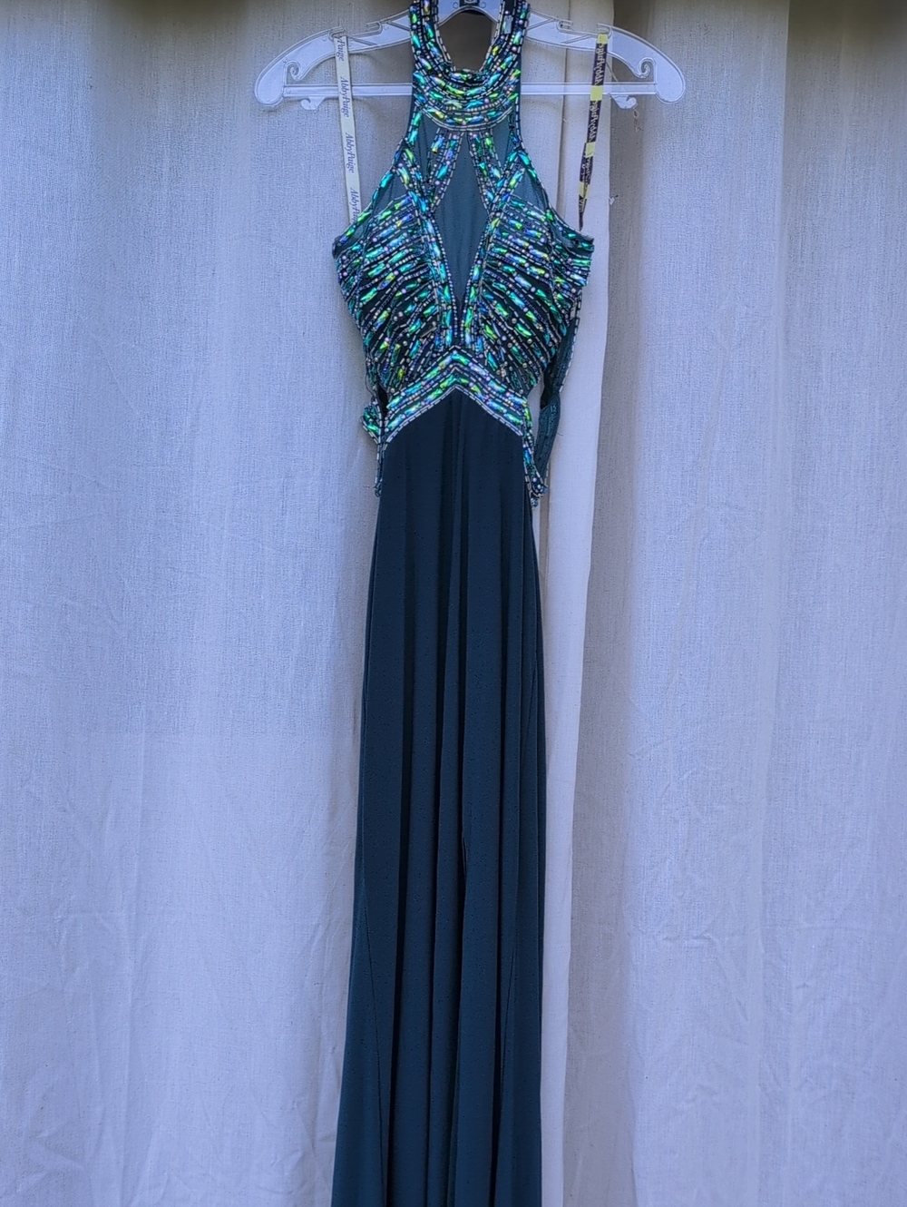 Dark Teal Halter Sequin Prom Dress